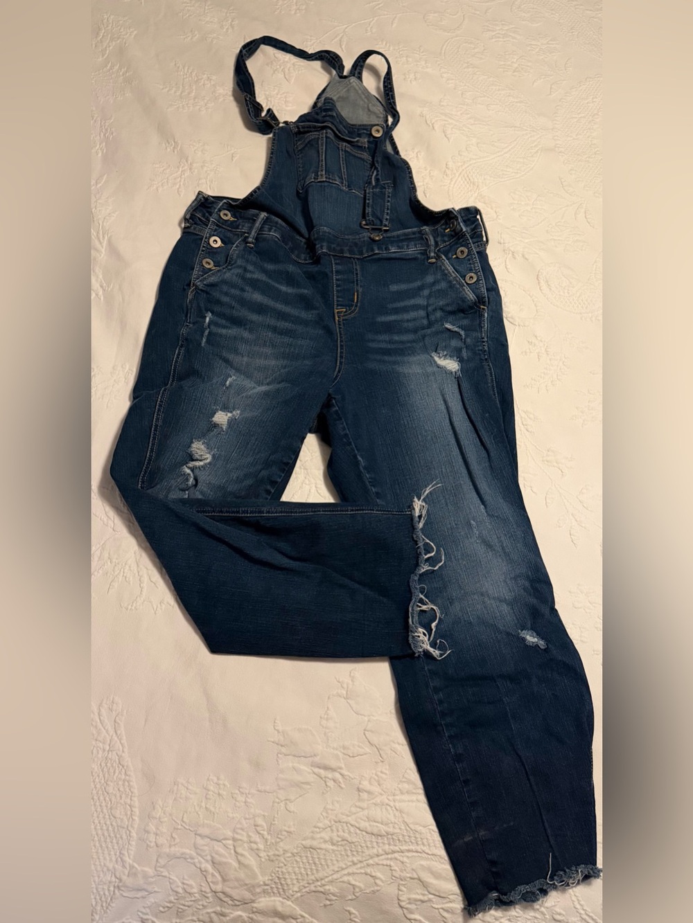 Women’s Distressed Denim Overalls - Dark Blue